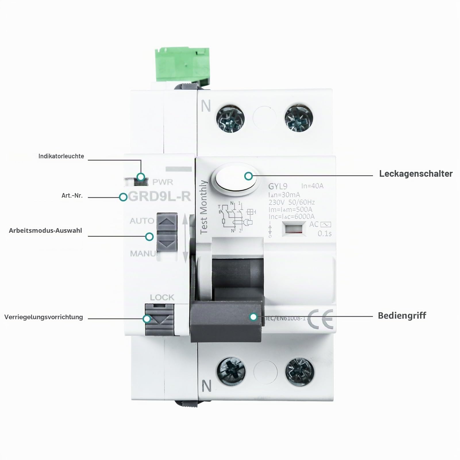 Jadeshay Automatische Wiedereinschaltvorrichtung Leistungsschalter, Fi Schutzschalter 40A 30ma 2 Polig GRD9L-R RCCB Leistungsschalter AC Typ 230V Manuelle/automatische Auswahl