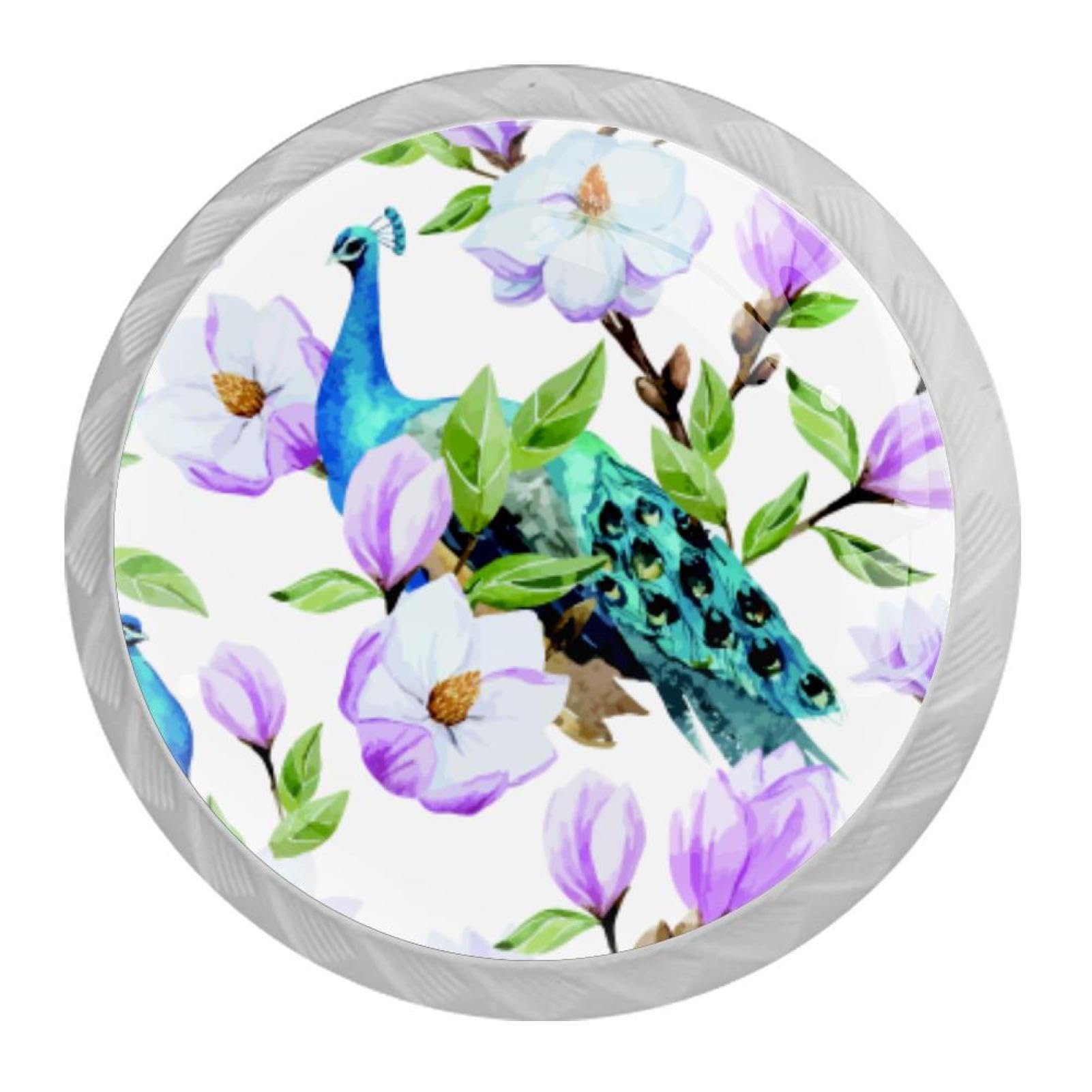 Tqmspg 4 Pieces Drawer Pulls Flowers Peacock Door Knobs Dresser Handles for Kitchen Wardrobe Cupboard Hardware Furniture