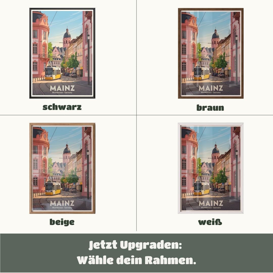 MJ-GRAPHICS® Kunstdruck Mainz Rheinhessen Tram Wandbild Architektur Stadt Pastellfarben Wohnzimmer Deko klassisch urban Fine Art Poster Straßenszene A2 mit beigem Rahmen