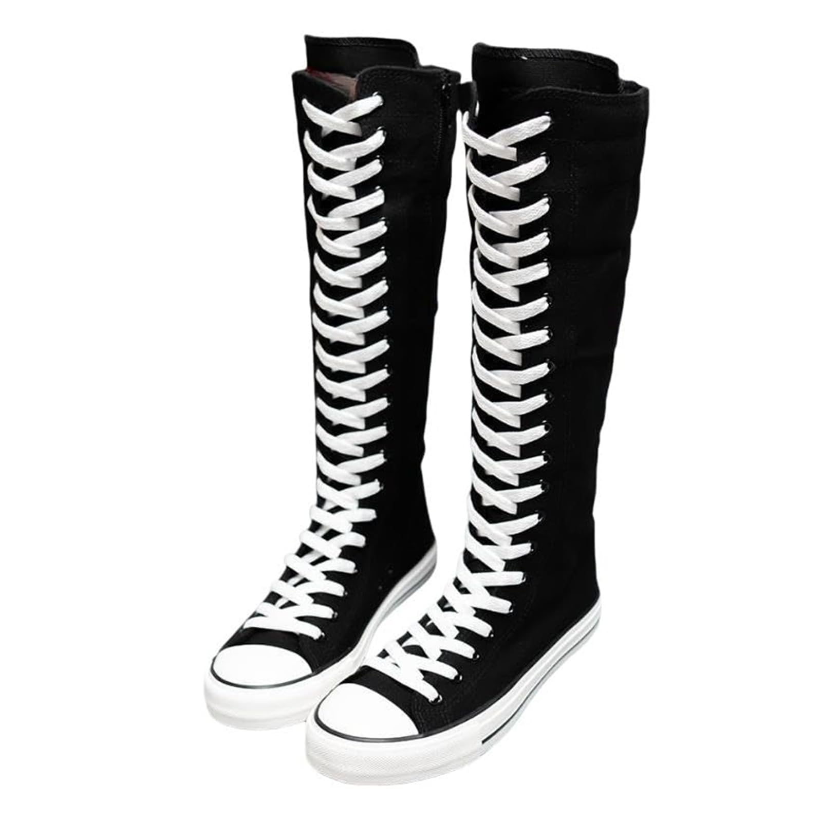 Womens Canvas Knee High Boots Lace Up Sneakers Boots Side Zipper Comfort Platform Walking Canvas Shoes