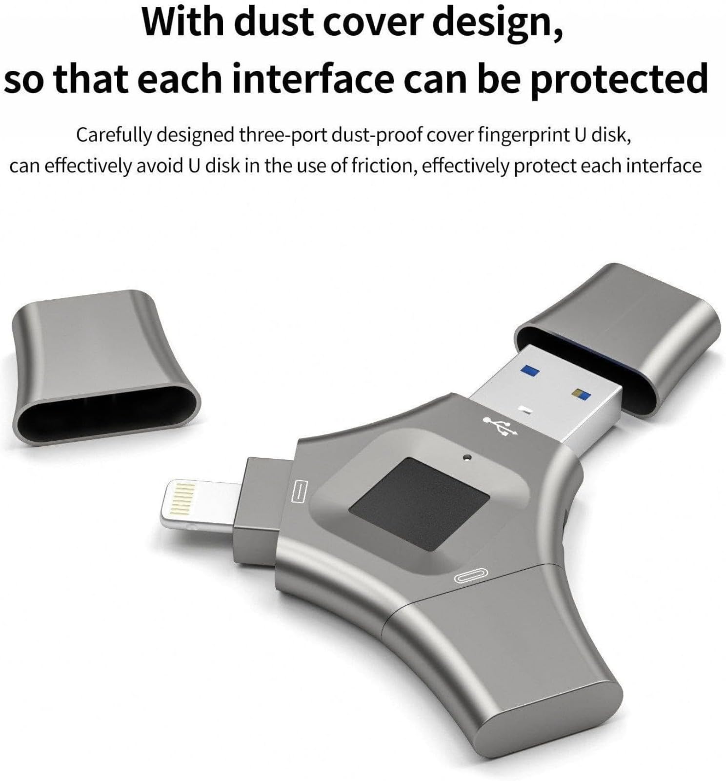Chiavetta USB 3 in 1 con crittografo, chiavetta USB 3.0 multi-porta con Lightning, USB C e sicurezza delle impronte digitali per iPhone, Android e PC