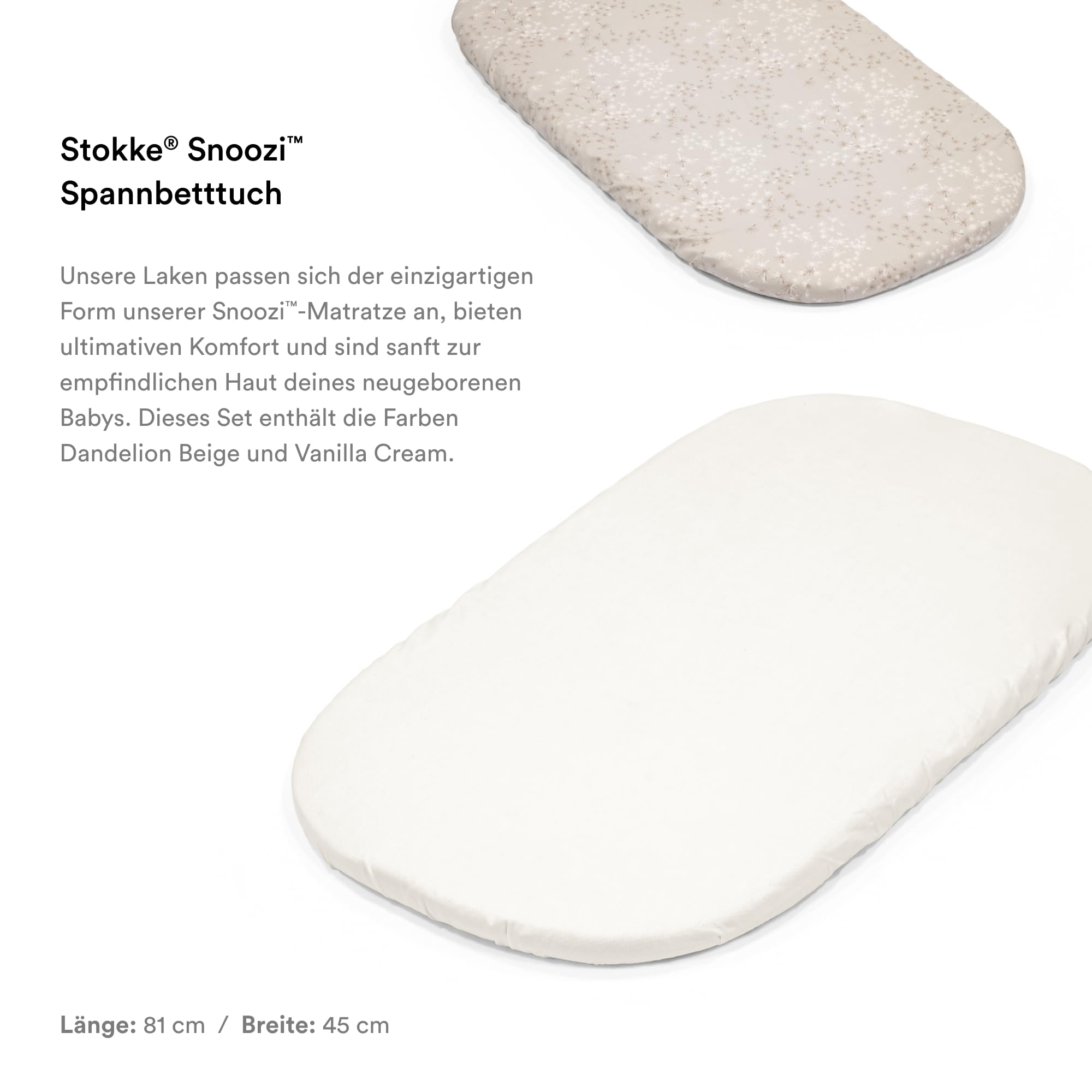 Stokke Snoozi Spannbetttücher - 1 Dandelion Beige & 1 Vanilla Cream - Passend für die ovale Snoozi Matratze - Weiche Bio-Baumwolle - Maschinenwaschbar