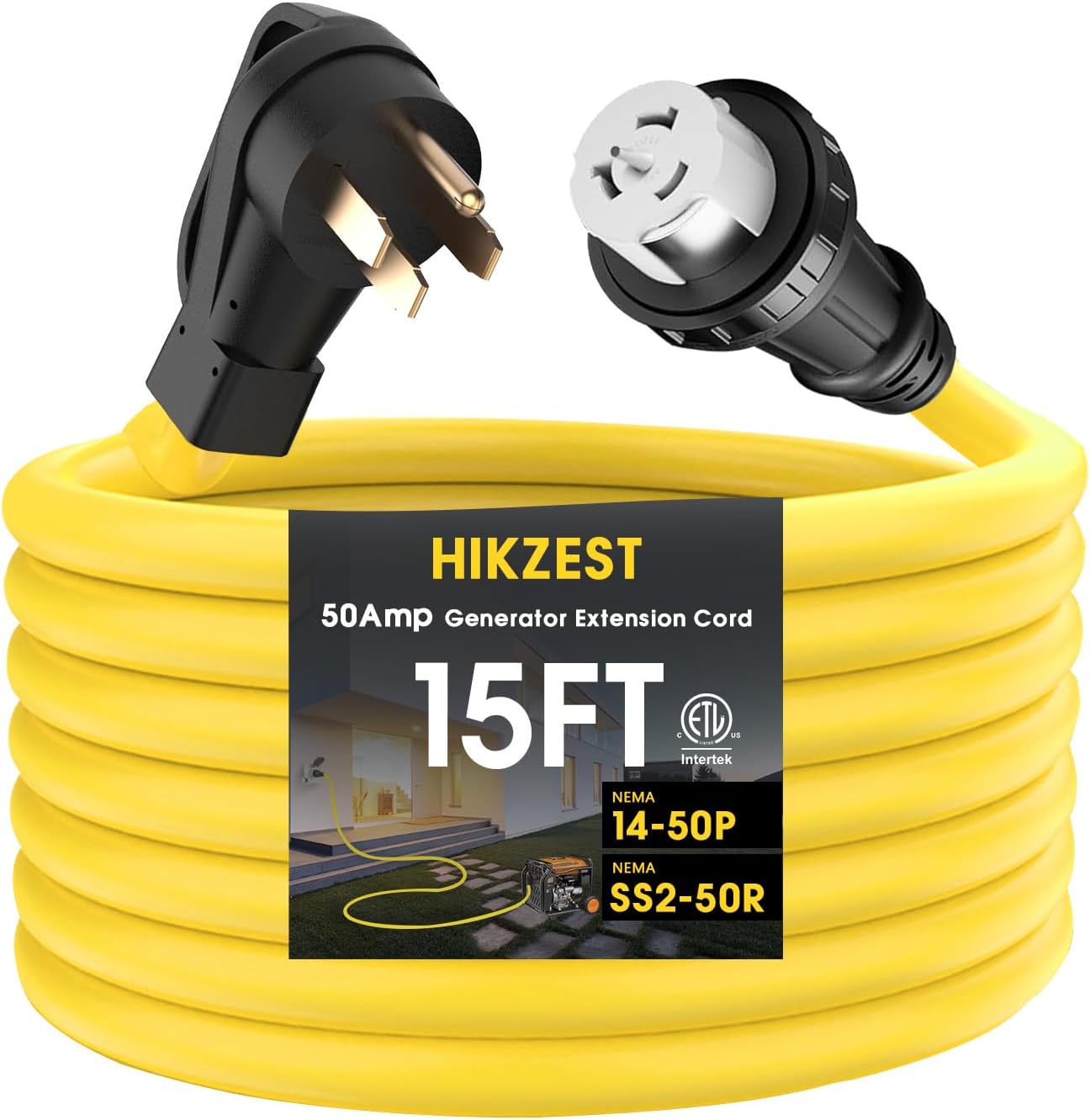 50 Amp Generator Cord 15 Feet, NEMA 14-50P Male to SS2-50R & CS6364 Generator Emergency Power Cord, 125/250V Twist Lock Connectors for Generator to House