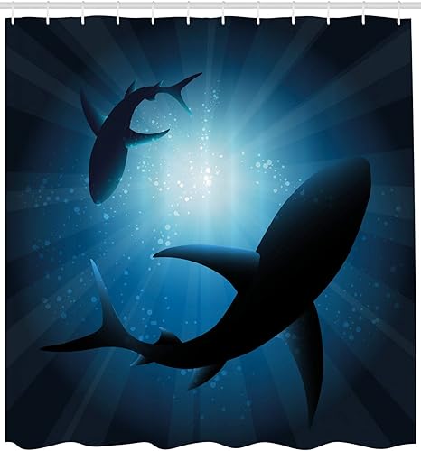 Miniatura 2 de Ambesonne Cortina de ducha con diseño de tiburón, silueta de los peces nadando al crepúsculo, noche, luna, paisaje de mar místico, juego de