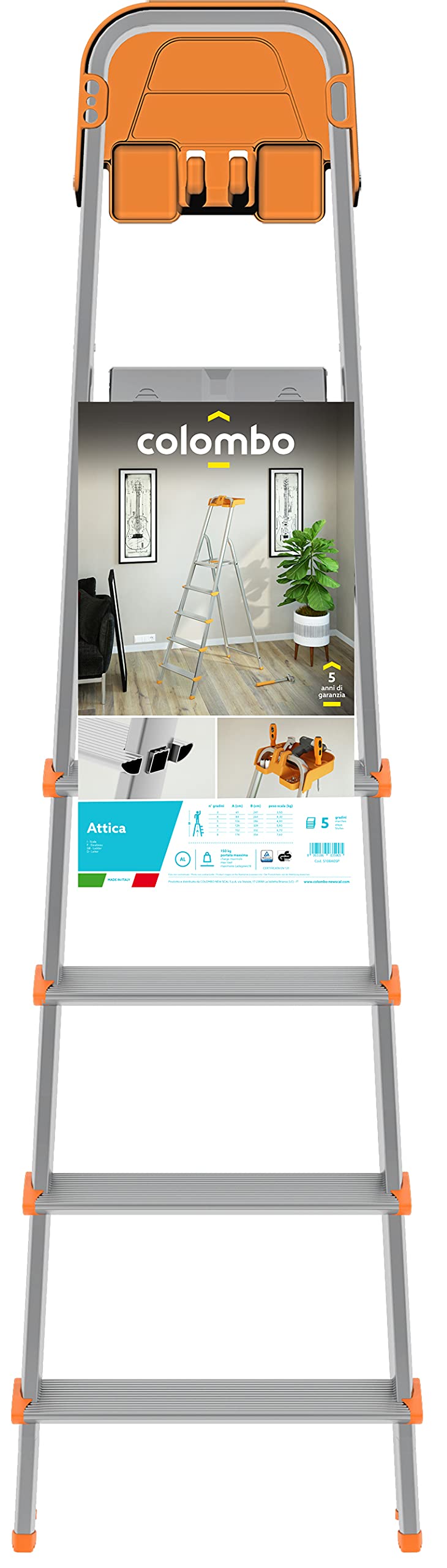 Scala In Alluminio ATTICA 5 Gradini Con Vaschetta Portaoggetti - Portata 150kg, Made In Italy - Foto 13