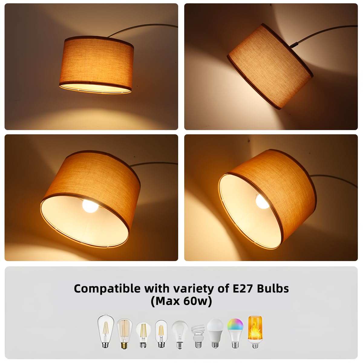 ANTENLICHT LUNA Bogenlampe Wohnzimmer Stehlampe Vintage, Inklusive LED E27 | Standleuchte mit Braunem Stoffschirm I Fußschalter I Bogenleuchte Geeignet Nickel für Schlafzimmer, Hotel