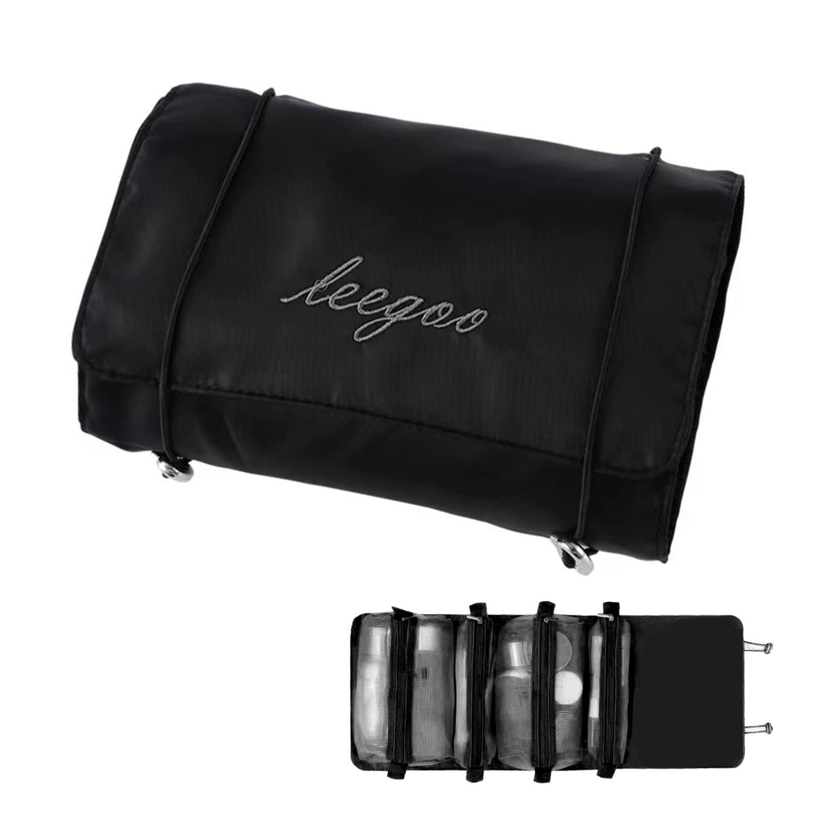 Toiletry Bag for Women, Travel Essentials Organizer, Hanging Makeup Case for Accessories,Waterproof Portable Pouch Open Flat Toiletry Bag,Detachable makeup bag. (BLACK)