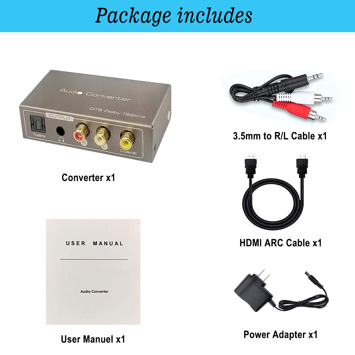 DAC para HDMI ARC Toslink óptico SPDIF coaxial a jack AUX estéreo R/L adaptador de audio óptico coaxial de 192 KHz