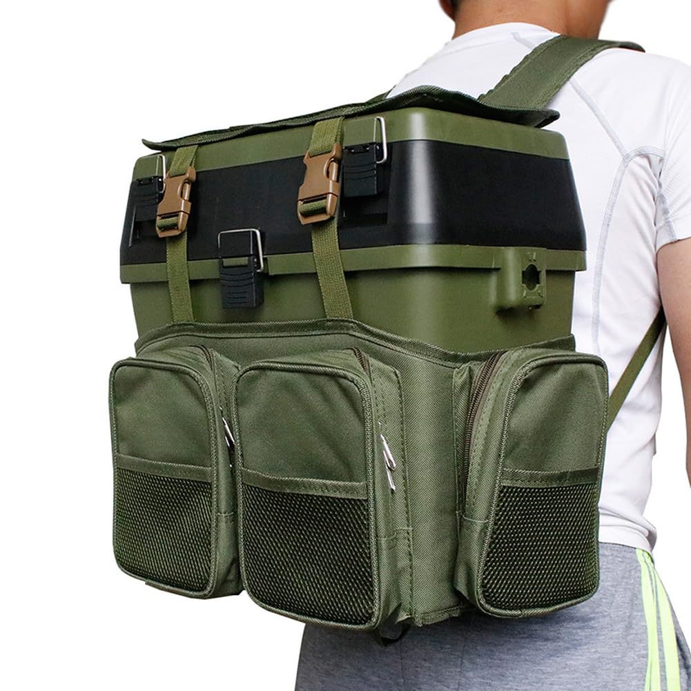 Mochila verde con caja de aparejos de pesca con estuche rígido ABS y bolsa de nailon, mochila convertible multifuncional con correas acolchadas y bolsillos de almacenamiento organizados