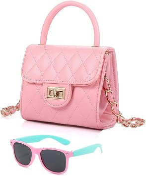Cute Girls Purse Kid Crossbody Purse for Girls Age 5-10 Pink | Quilted Leather Crossbody Bag with Top Handle, Birthday Gift