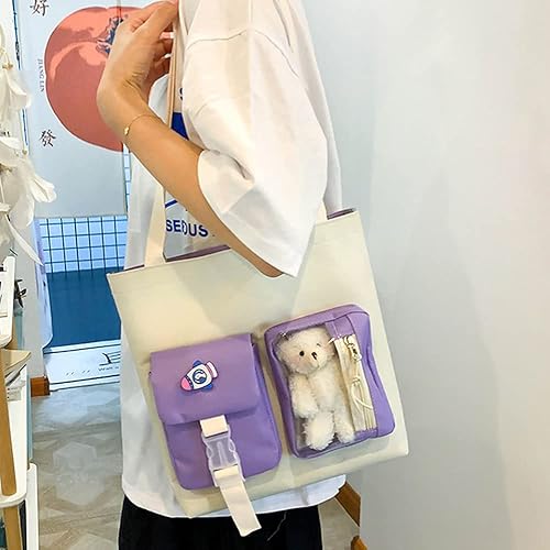 Miniatura 4 de Mochila escolar estética kawaii, juego de 5 piezas con bonitos pines colgantes de oso, mochila pequeña para laptop, kit esencial