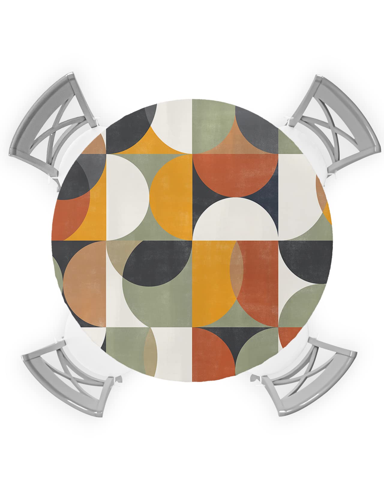 Yun Nist Mid Century Abstract Geometry Table Covers with Elastic Edge,Fitted Table Cloth for Round Tables,Nordic Style Color Circle Oil Proof Waterproof Tablecloth for Indoor Picnic Party 36-44in