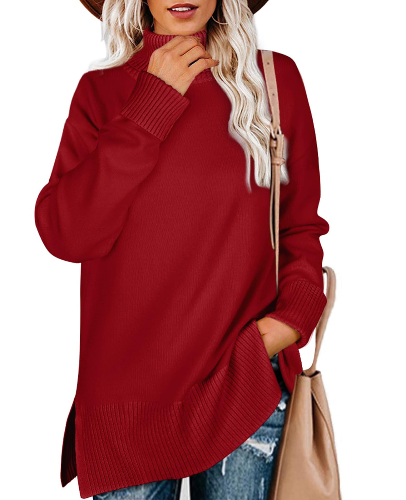 Glanzition Sweaters for Women Turtleneck Side Split Oversized Pullover Tops