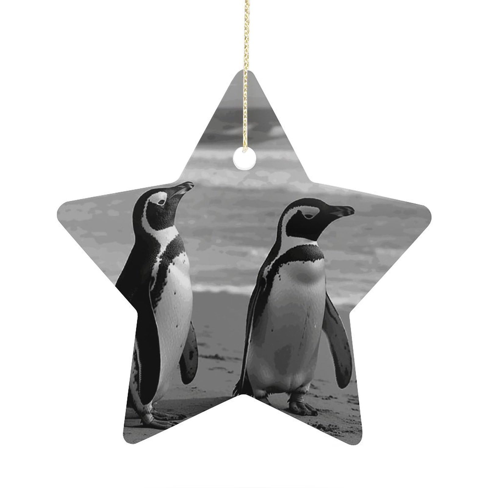 Penguin Standing on The Beach Stars Ornaments Ceramic Christmas Tree Hanging Light in Weight Christmas Star Pendants Funny Double-Sided Printed Xmas Ornaments for Gifts