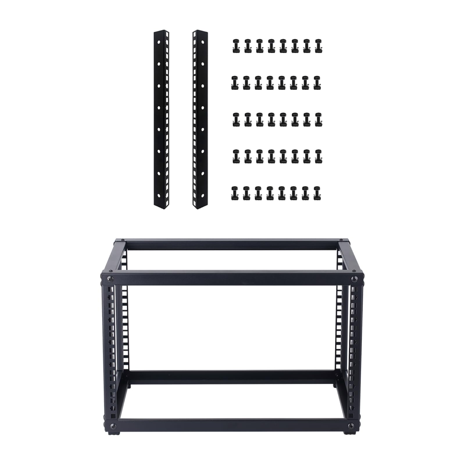 6U Open Frame Network Rack and 8U Rack Rails with M6 Mount Screws & Cage Nuts, Complete Server Rack Bundle for Networking, Audio, Video, and Studio Equipment