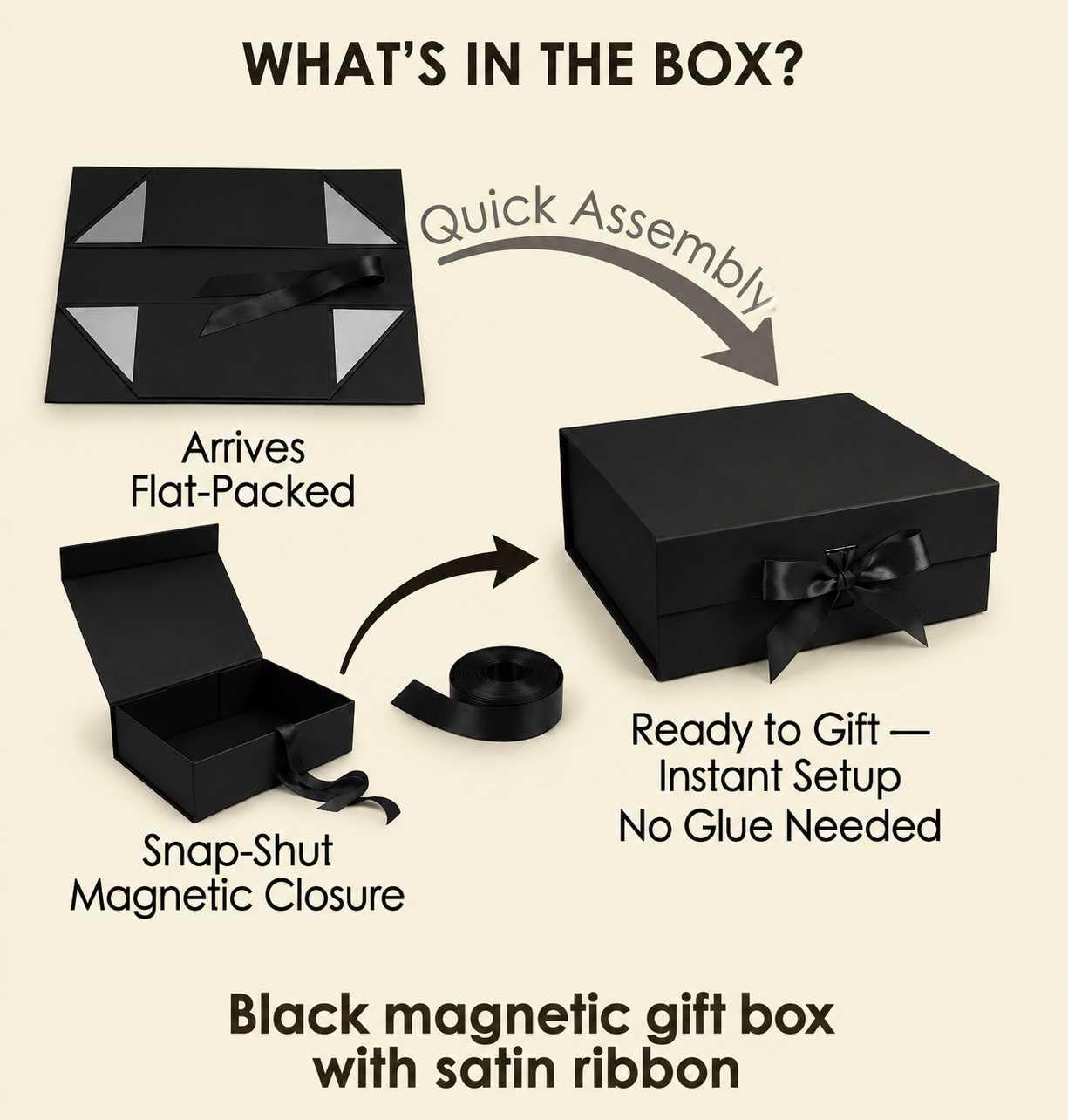 Emartbuy Schwarze magnetische Geschenkbox mit Schleife, 20 cm x 18,2 cm x 8 cm, 5 Stück