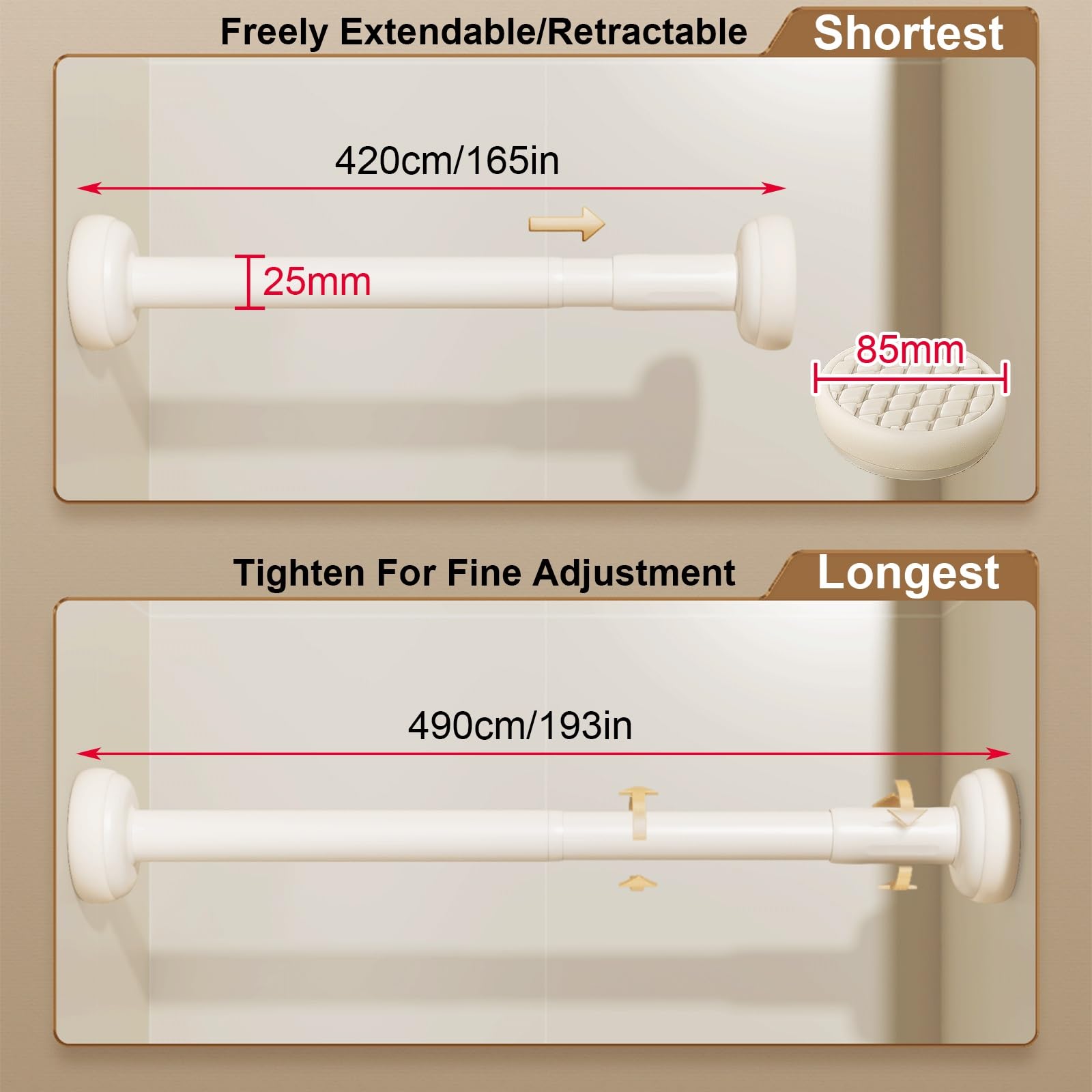 Gardinenstange Ohne Bohren 35 bis 490 cm, Bohrfrei, Verstellbar Klemmstange für Gardinen für Badezimmer, Fenster und Kleiderschränke(Gray,420-490cm/165-193in)
