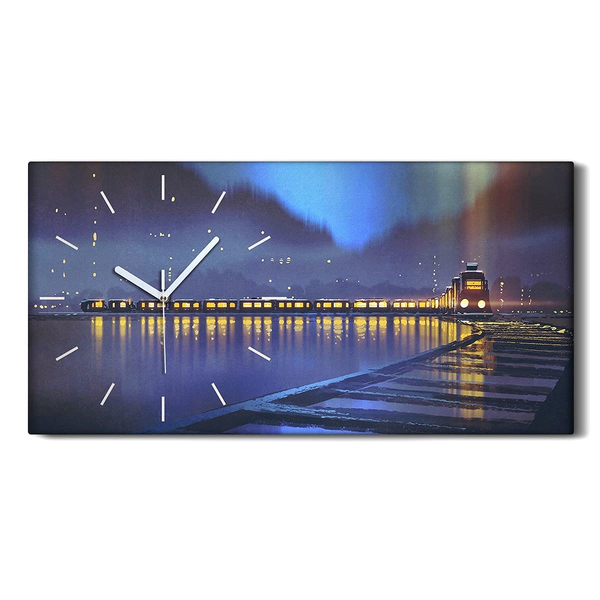 Horloge sur Toile 60x30cm Train de Nuit Décoration Murale Moderne pour Salon