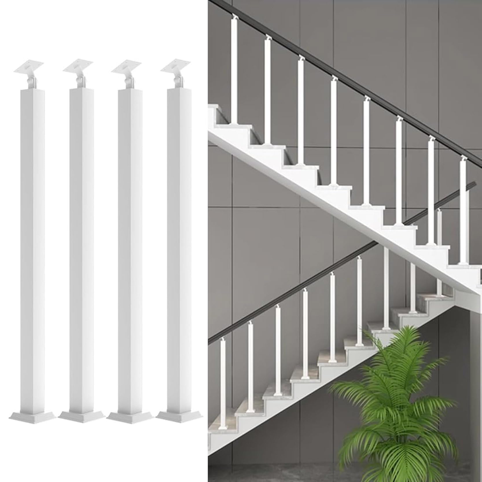 GOUZIBHD Indoor Railing Kits Square Stair Baluster Posts,4 Pack Banister Column,270° Adjustable Staircase Handrail Metal Railing Spindles for Balconies Gardens Attics(Size:90cm/35.4in,Color:White)
