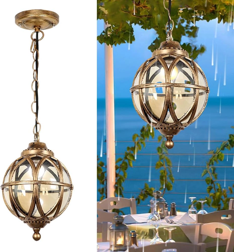Outdoor Pendant Light for Porch, Vintage Waterproof Gold Globe Ceiling Hanging Lights Lantern Glass Aluminum Exterior Retro Chandelier for Porch Patio Farmhouse Entryway (27cm/10.6")