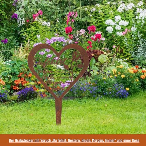 WUISOLQP Wetterfest Grabstecker Herz Grabschmuck Trauerdekoration Metall Stahl Rost Grabstecker mit Spruch Grabschmuck Grabdekoration für Erinnerung Andenken Trauer Gärten Höfe Friedhofsdeko