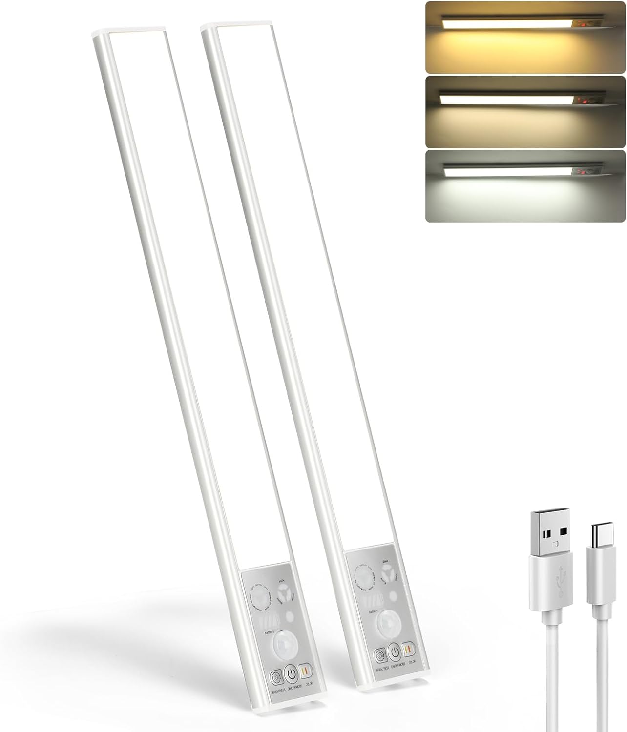 Under Cabinet Lighting Wireless, 50 LED Rechargeable Battery Operated Motion Sensor Light Indoor, 1500mAh 3 Color Temps Dimmable Under Counter Lights for Kitchen, Bedroom, Stair(2 Pack)