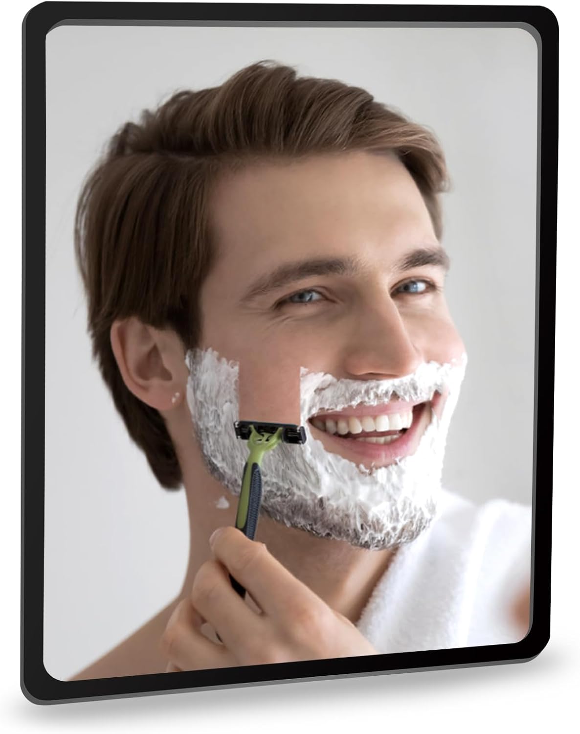 Product image of Fog Free Shower Mirror (9 * 7 inch) 3M Adhesive Anti-Fog Bathroom Wall Mirror, Fogless Shower Makeup Mirror for Shaving, Shatterproof Glassless Child Safe Mirror (Rectangular Black Frame)