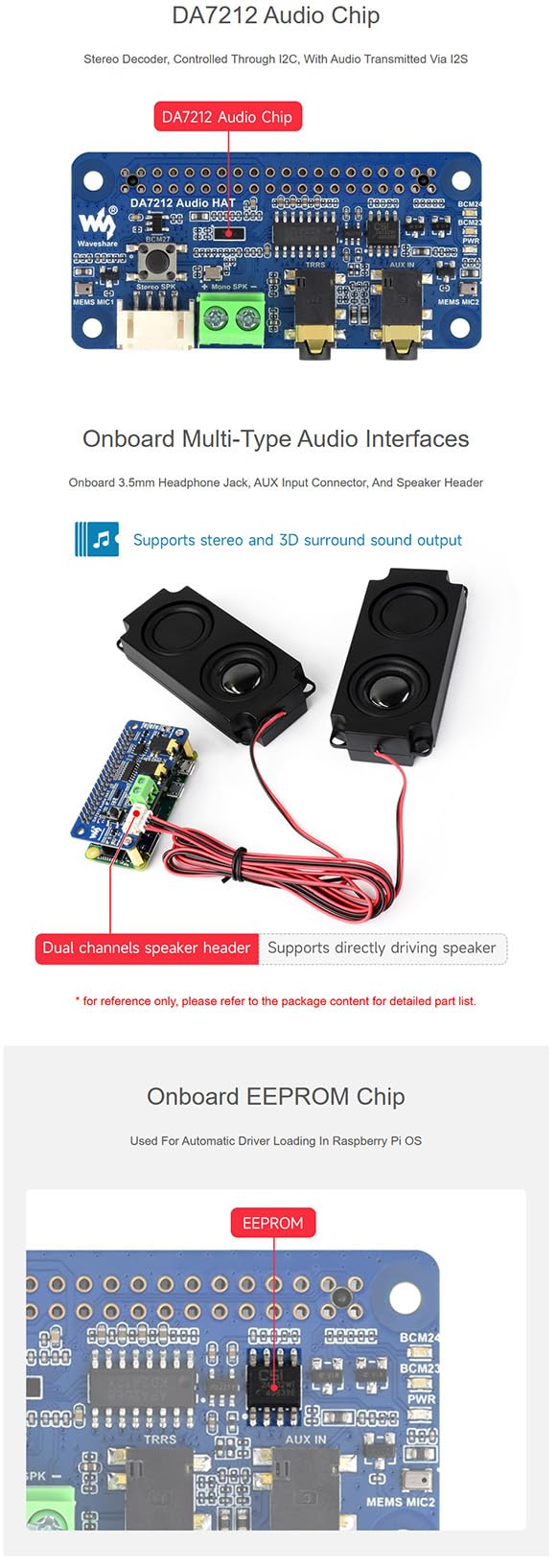 DA7212 I2S Audio Board Stereo Codec for Raspberry Pi, 96kHz 24-bit High Definition Audio, Onboard Dual Microphones, 3.5mm Jack & AUX Input, Speaker Terminal for Audio Recording and Playback HAT