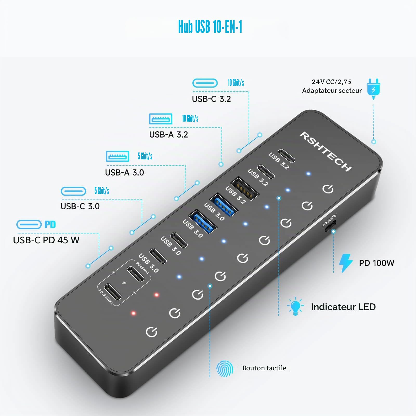 RSHTECH 10 Ports Hub USB Alimenté, Alimentation 66W Hub USB C, RSH-ST10P | Incluant 3 Ports USB 3.2 à 10Gbps(2C+1A), 4 Ports USB 3.0 à 5Gbps (2C+2A), 2 Ports USB-C à 45W Charge Rapide, PD 100W