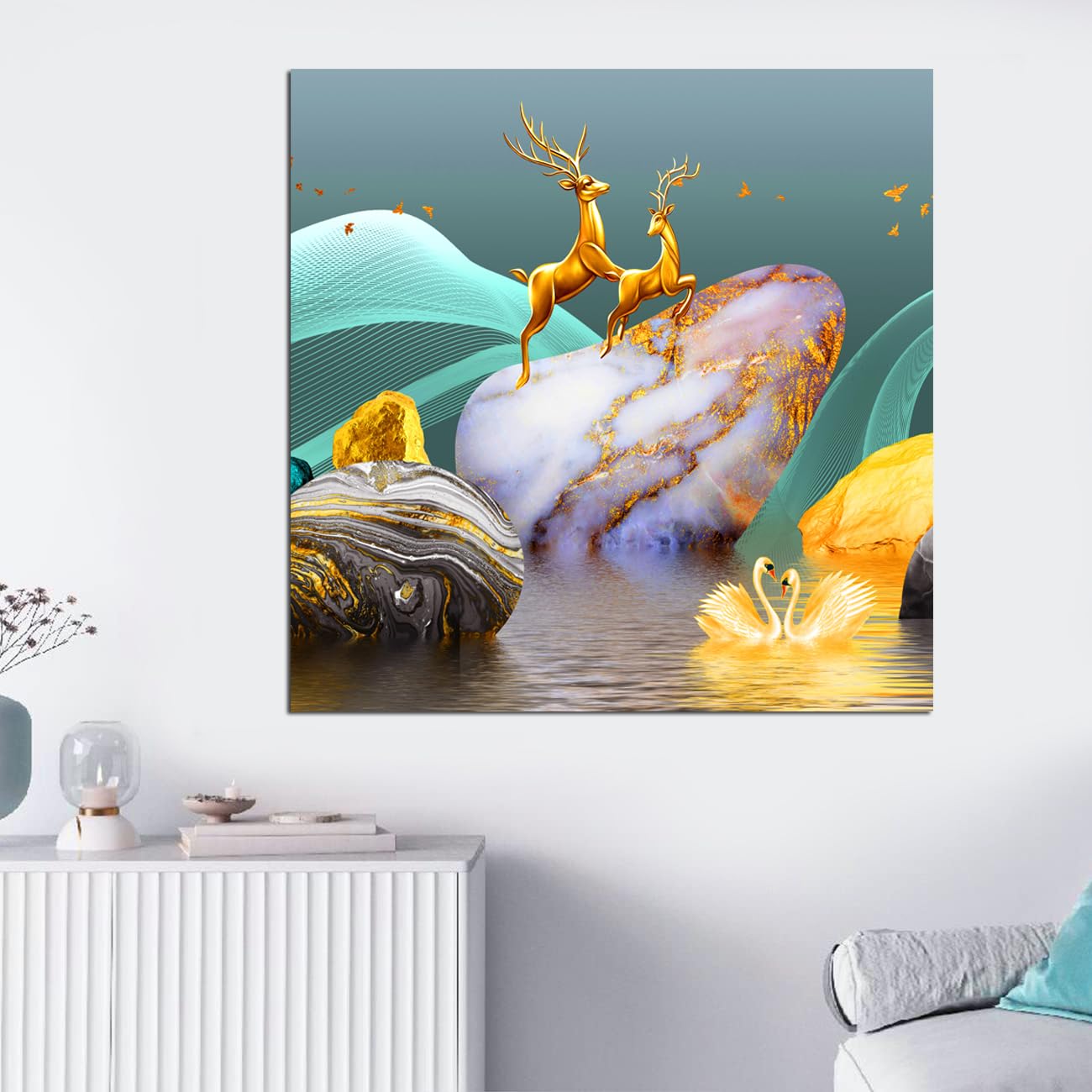 Maxstone Goldan Deer With Duck Couple Wall Painting Animals Abstract Painting for Living Room, Bedroom, Office, Hotels, Drawing Room (55.88 X 55.88 CM) Big Size
