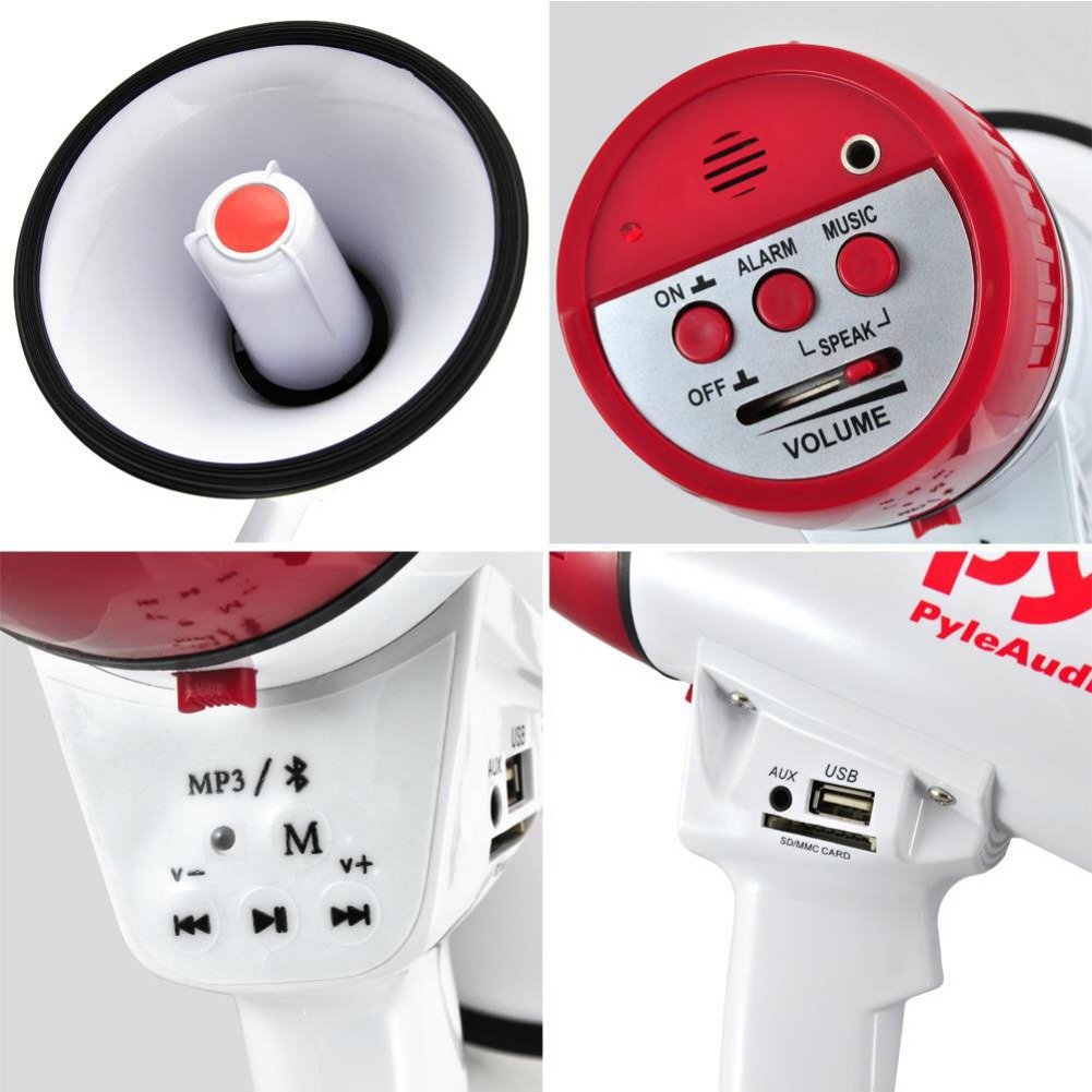 NEW 2015 !!!! MEGAFONO PROFESSIONALE PYLE PMP42BT BIANCO E ROSSO DA 40 WATT MAX CON FUNZIONE DI ALLARME UDIBILE FINO A 900 METRI CON INGRESSO USB SD CARD JACK 3,5 MM AUX E TECNOLOGIA BLUETOOTH INTEGRATA