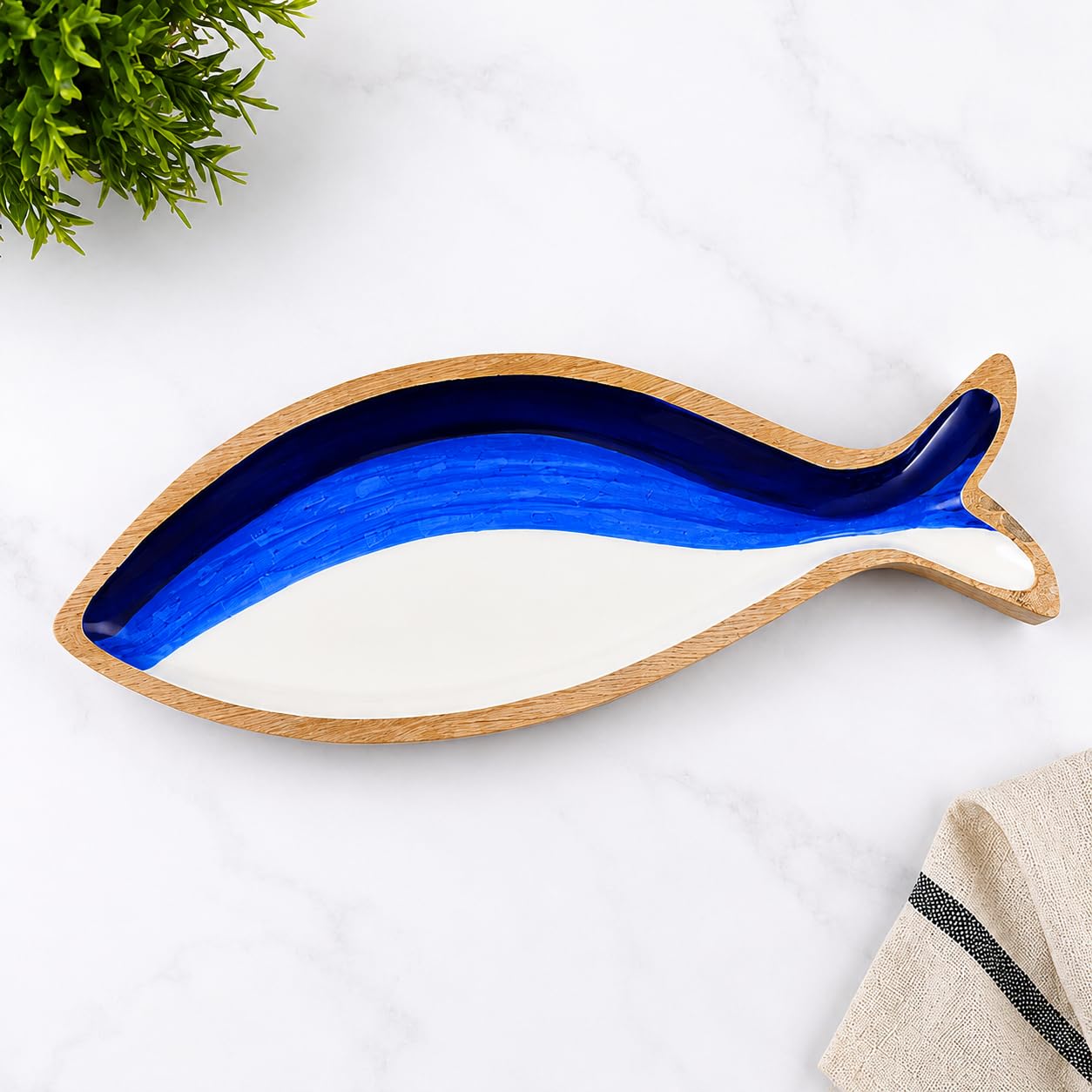 Indian Wood Export Fish Shape Wooden Serving Tray with Blue Resin Finish | Decorative Snack & Dry Fruit Platter | Premium Handmade Serving Dish for Dining Table, Kitchen & Home Décor