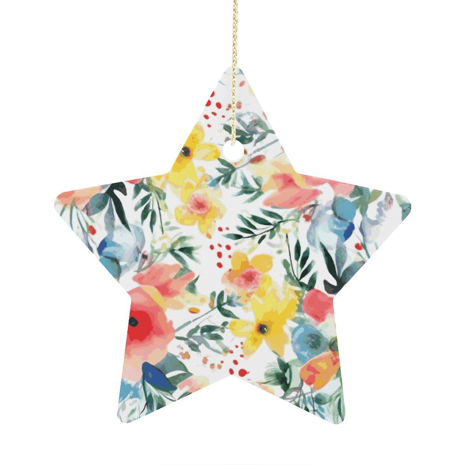 Bright Floral Watercolor Stars Ornaments Ceramic Christmas Tree Hanging Light in Weight Christmas Star Pendants Funny Double-Sided Printed Xmas Ornaments for Gifts