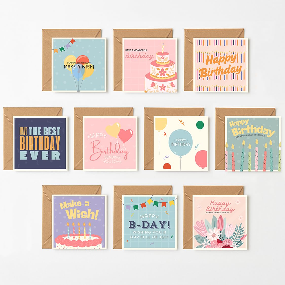 Hippowarehouse Happy Birthday Card Pack 10 Cards square 150mm with envelope for him for her Funny for Men and Women Blank inside unisex Different designs
