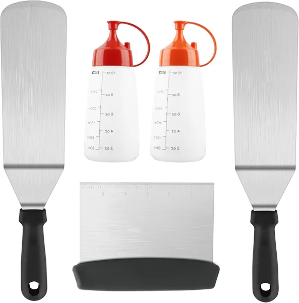 BBQ Griddle Tool Set - 2 Spatulas, 2 Squeeze Bottles & 1 Scraper | Heavy-Duty Stainless Steel Accessories for Flat Top Cookin