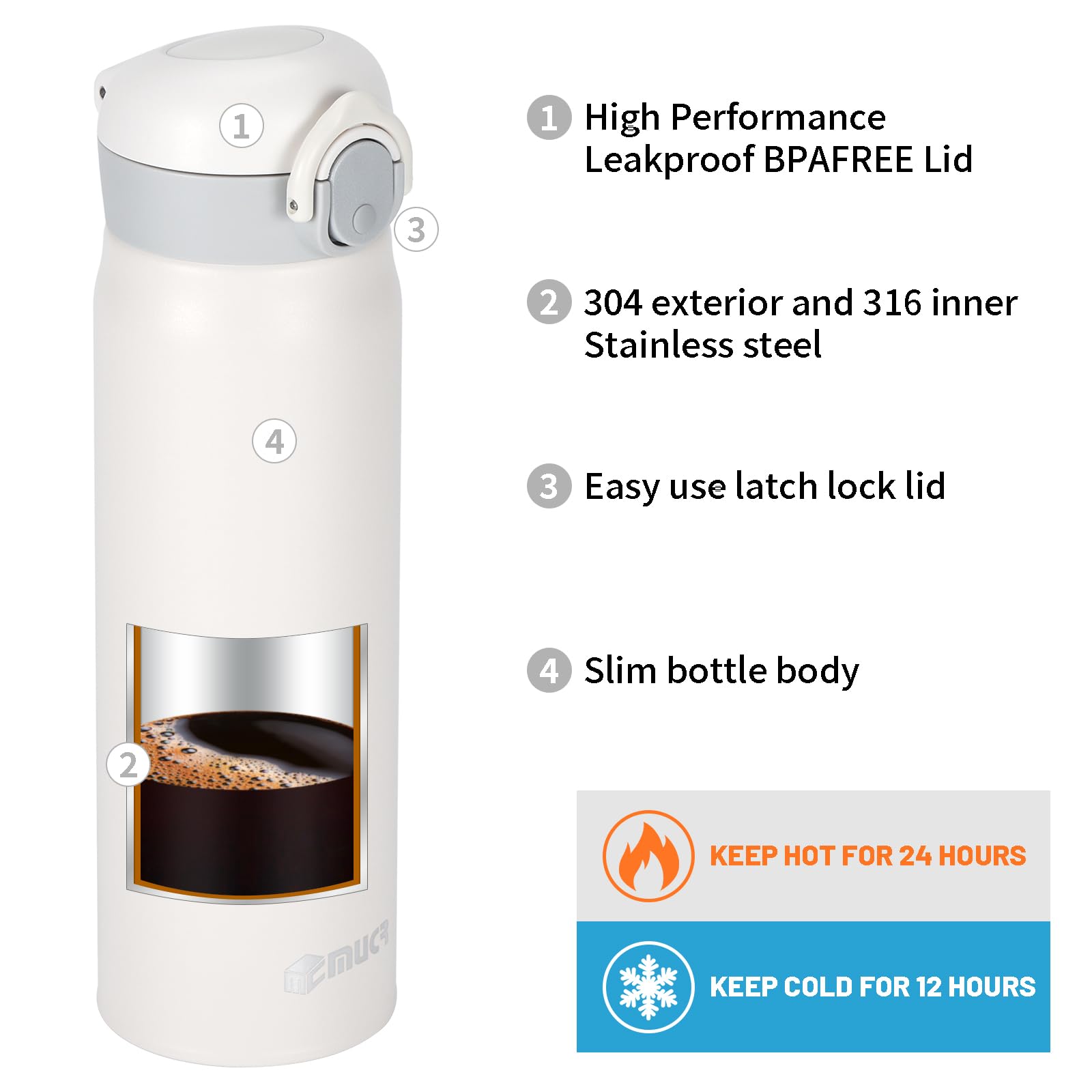 Cantimplora Botella de agua aislada de 500 ml con tapa abatible a presión, taza de viaje térmica de acero inoxidable, botella a prueba de fugas para bebidas calientes y frías, color blanco