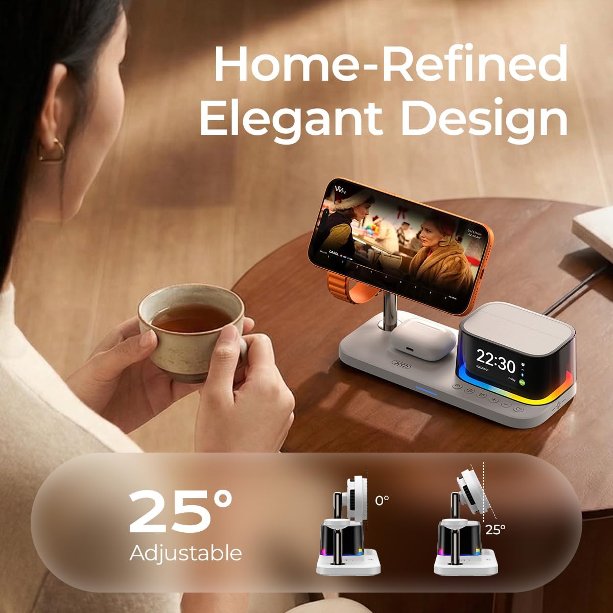 QI2.2 Charging Station for Apple Device【 25W Fast Charging+Cooling Fan】 5in1 Magnetic Wireless Charger with Speaker and Alarm Compatible with MagSafe for iPhone/Watch/AirPod (45W Adapters Included)