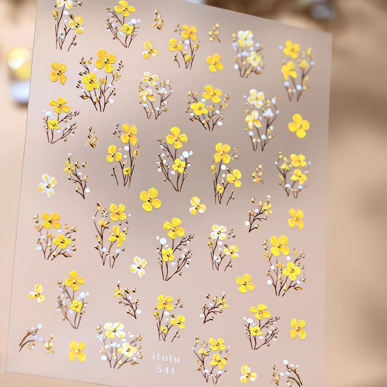 5D Flower Nail Stickers for Nail Art Spring New Fingertip Floral Nail Art Stickers with Golden Foil Embossed Yellow Four-Petal Flower Designs, Easy to Apply for Nail Art Decals And Festive Decorations image 4