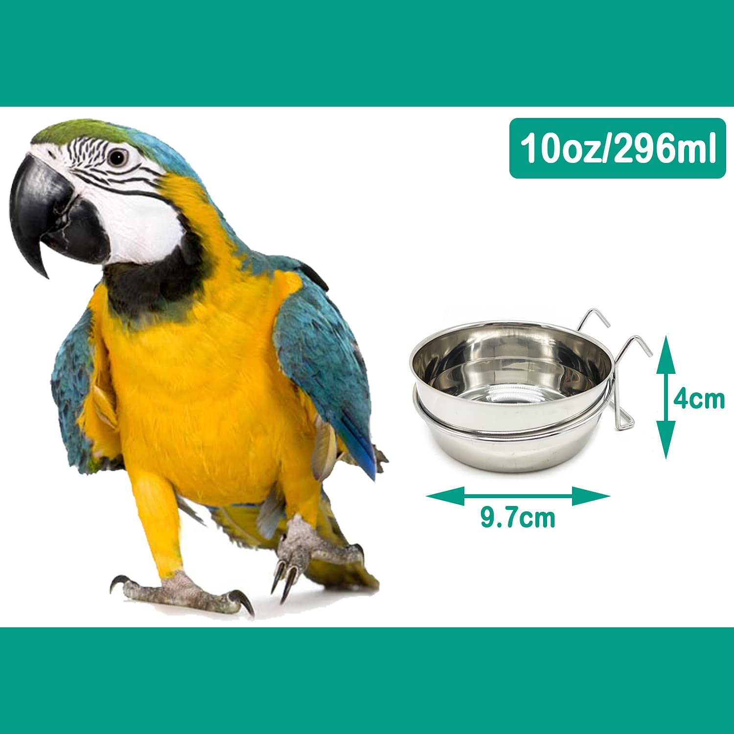 2 x mangiatoia per bevitore per gabbia di pappagallo in acciaio inox con gancio contenitore per alimenti 4 dimensioni ciotola per cibo ciondolo per uccelli pappagallo animale piccolo cane BPS-11130*2