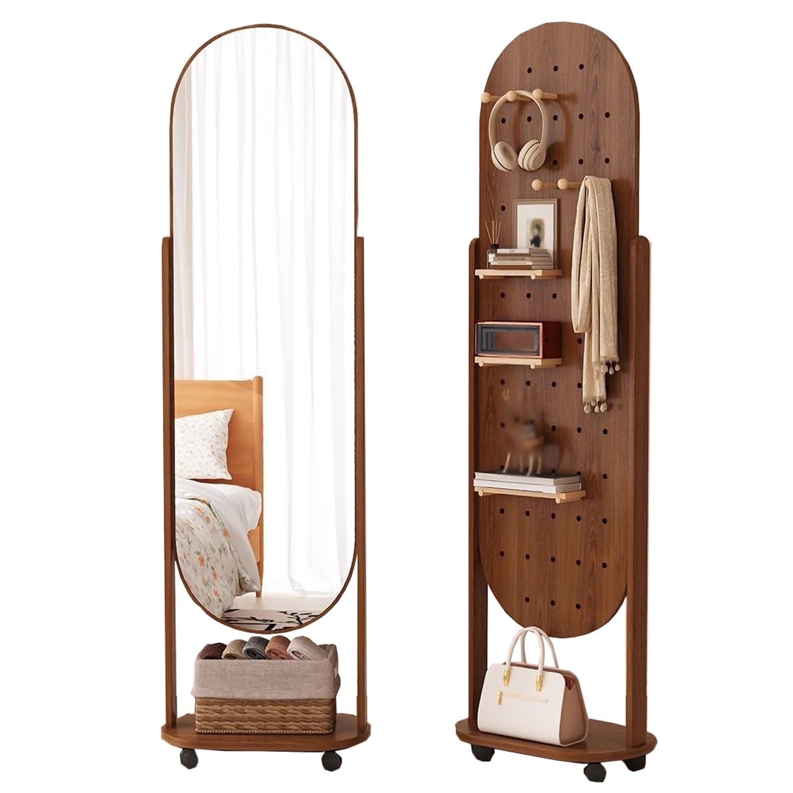 FGXHHS Mirror Vanity Oval Mirrors with Storage Shelf for Living Room Bedroom(Walnut)