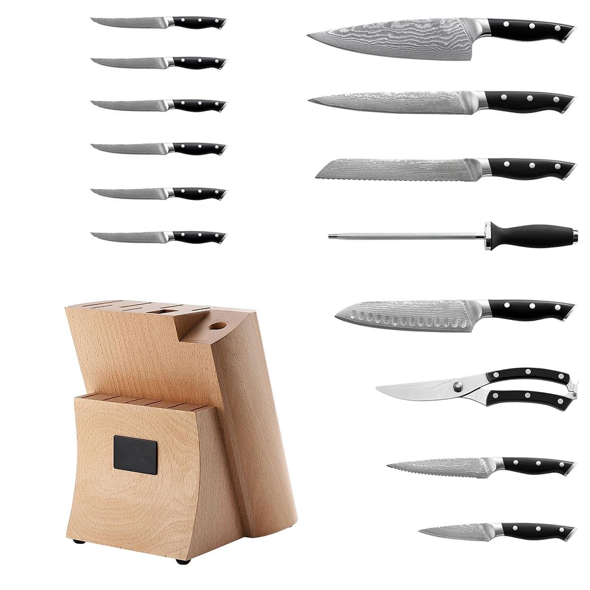 IKXO Knife Block Set 15 Pieces Kitchen Utensils Includes Sharpening Rod and Shears Steak Bread Chefs Chopper Set