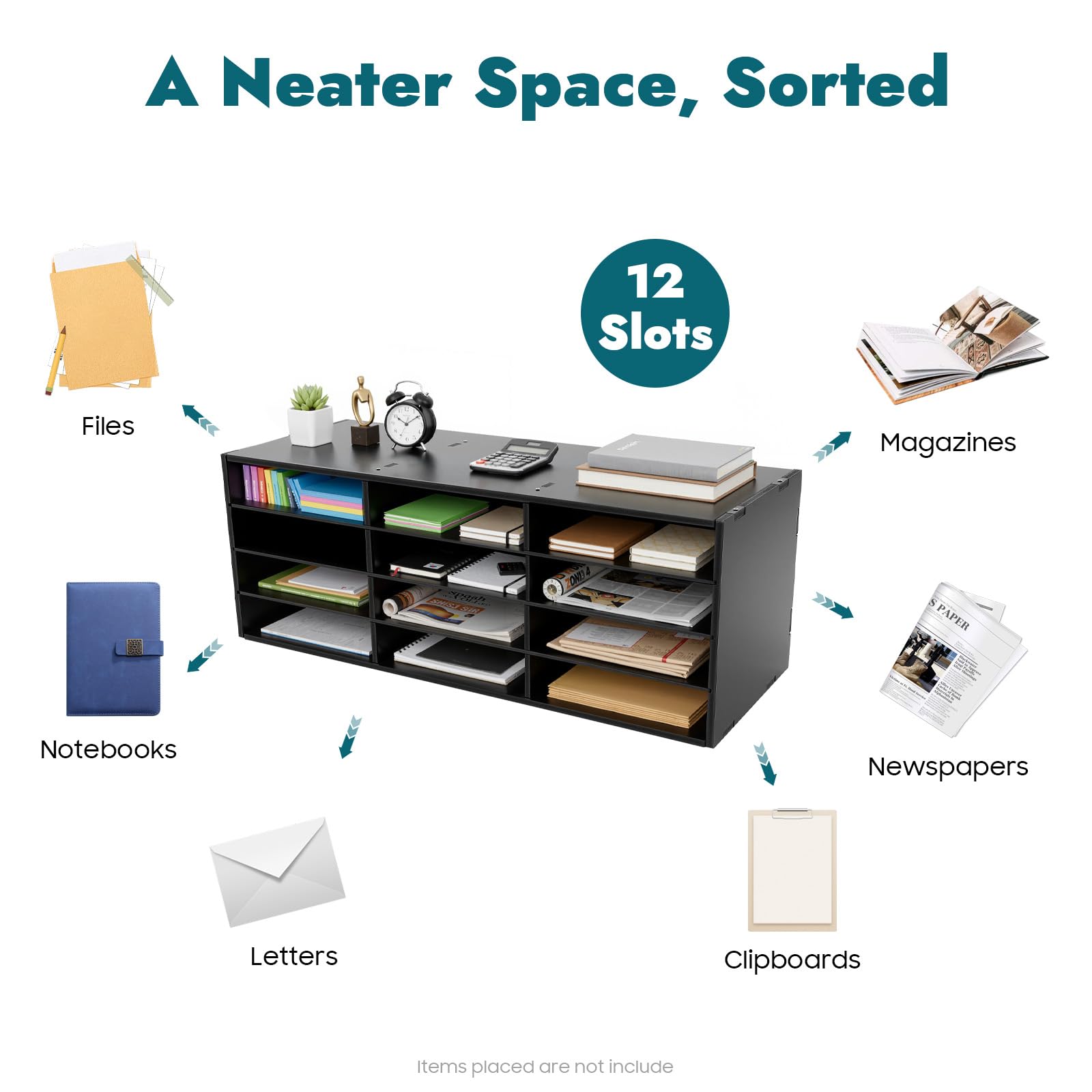 Bandeja organizadora para cartas, material de PVC, 12 compartimentos, 4 niveles, independiente, rectangular, escritorio, literatura, 80 x 30,8 x 30 cm