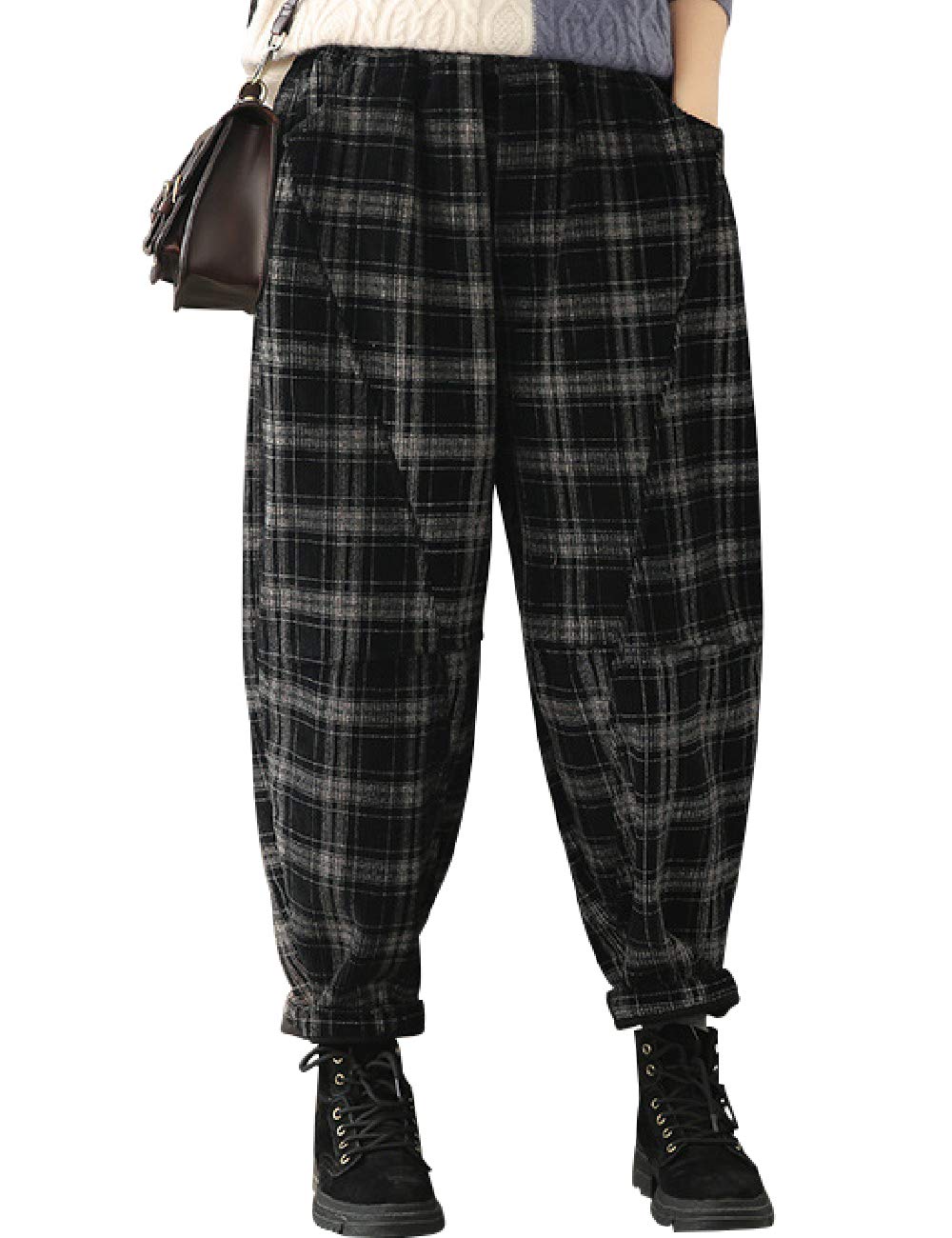 Bigassets Women's Elastic Waist Plaid Harem Pants Cotton Corduroy Trousers with Pockets Style 1 Blak