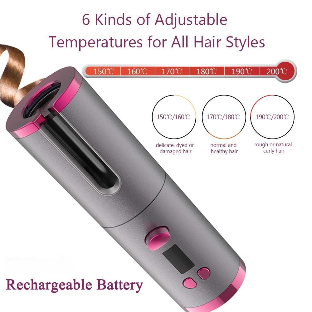 EMEBAY Fer à Friser Automatique Sans Fil, Boucleur à Cheveux Batterie Rechargeable 4000mAh, Bigoudi Anti-Brûlures avec Minuterie, Fer à Boucler Portable 6 Température Cheveux Longs et Courts