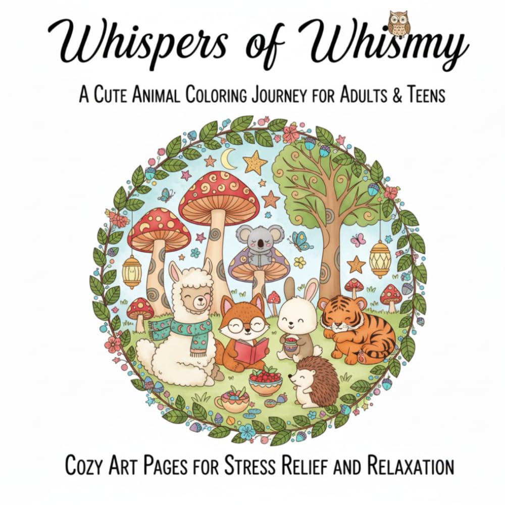 Whispers of Whimsy: A Cute Animal Coloring Journey for Adults & Teens: Cozy Art Pages for Stress Relief and Relaxation