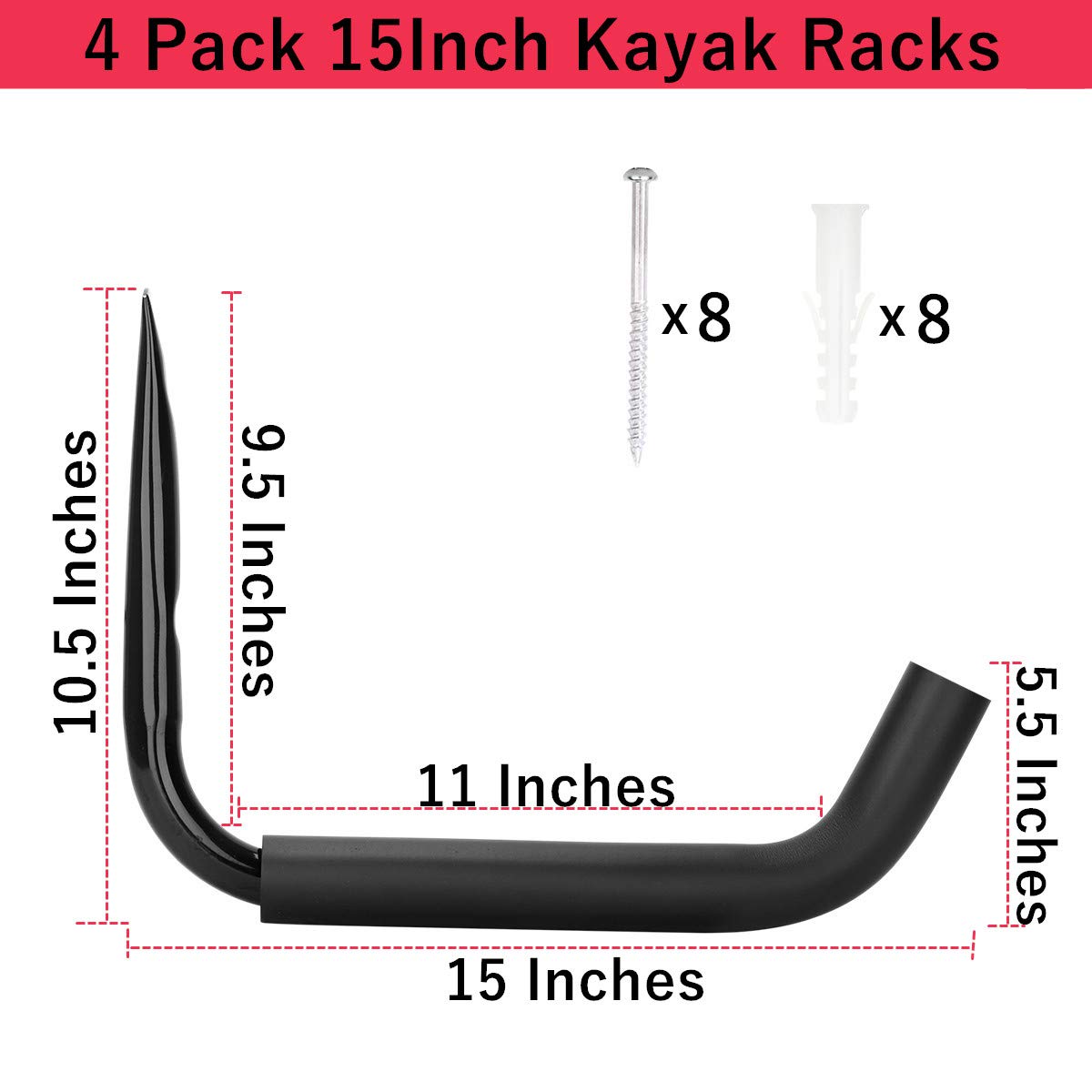 Estante de almacenamiento de acero para kayak, paquete de 4 ganchos de montaje en pared para canoa, colgador de snowboard de 15 pulgadas, capacidad de 100 libras