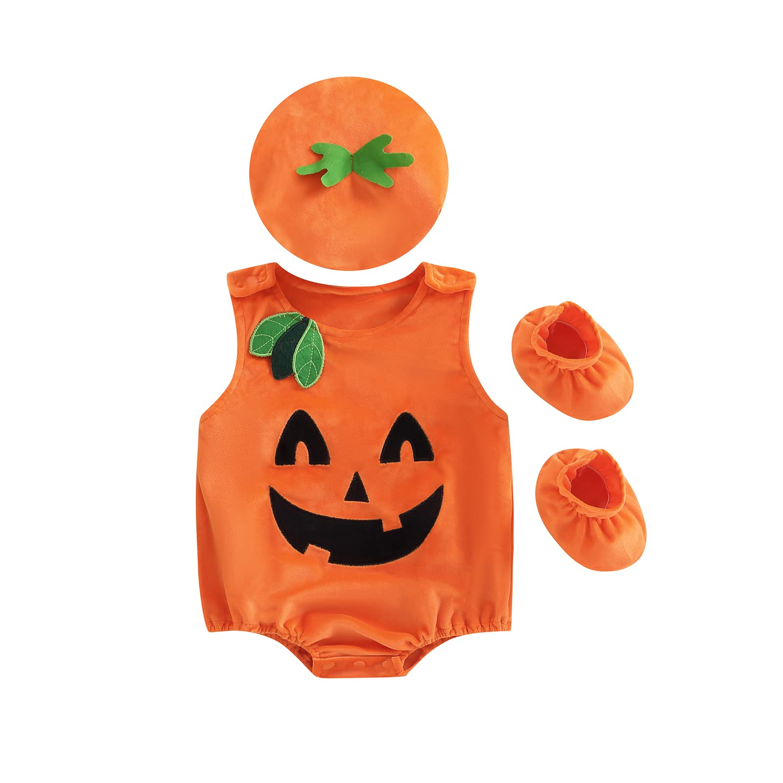 Muasaaluxi Newborn Baby Girl Boy Halloween Costumes Sleeveless Pumpkin Romper Tank Top Hat Socks 3Pcs Halloween Outfit