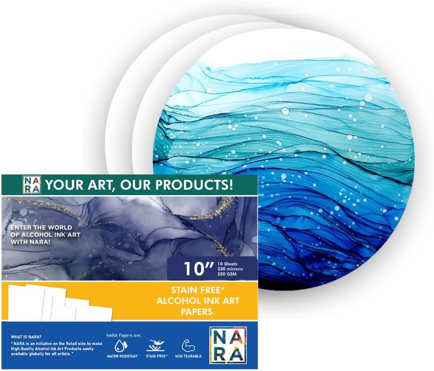 NARA Alcohol Ink Paper | White | 10" Diameter Circle | 330 microns/250 GSM | 10 Sheets | Medium+ Paper | Paper for Alcohol Ink Art Painting | 100% Stain-Free