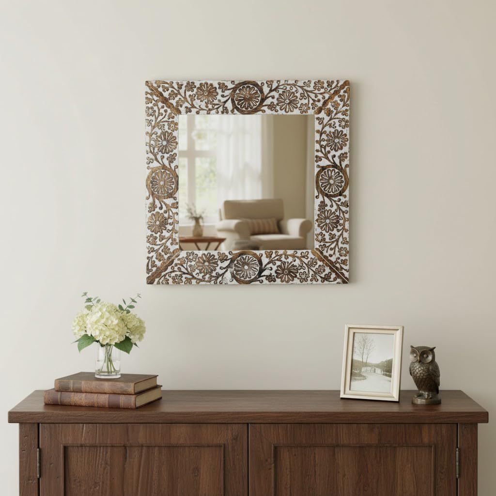 THE URBAN STORE Wall Mirror Wooden Distressed White Color 18"x18" Pack of One French Style Elegantly Hand Crafted Floral Carving Mirror for Home and Office Decor TUSMR15