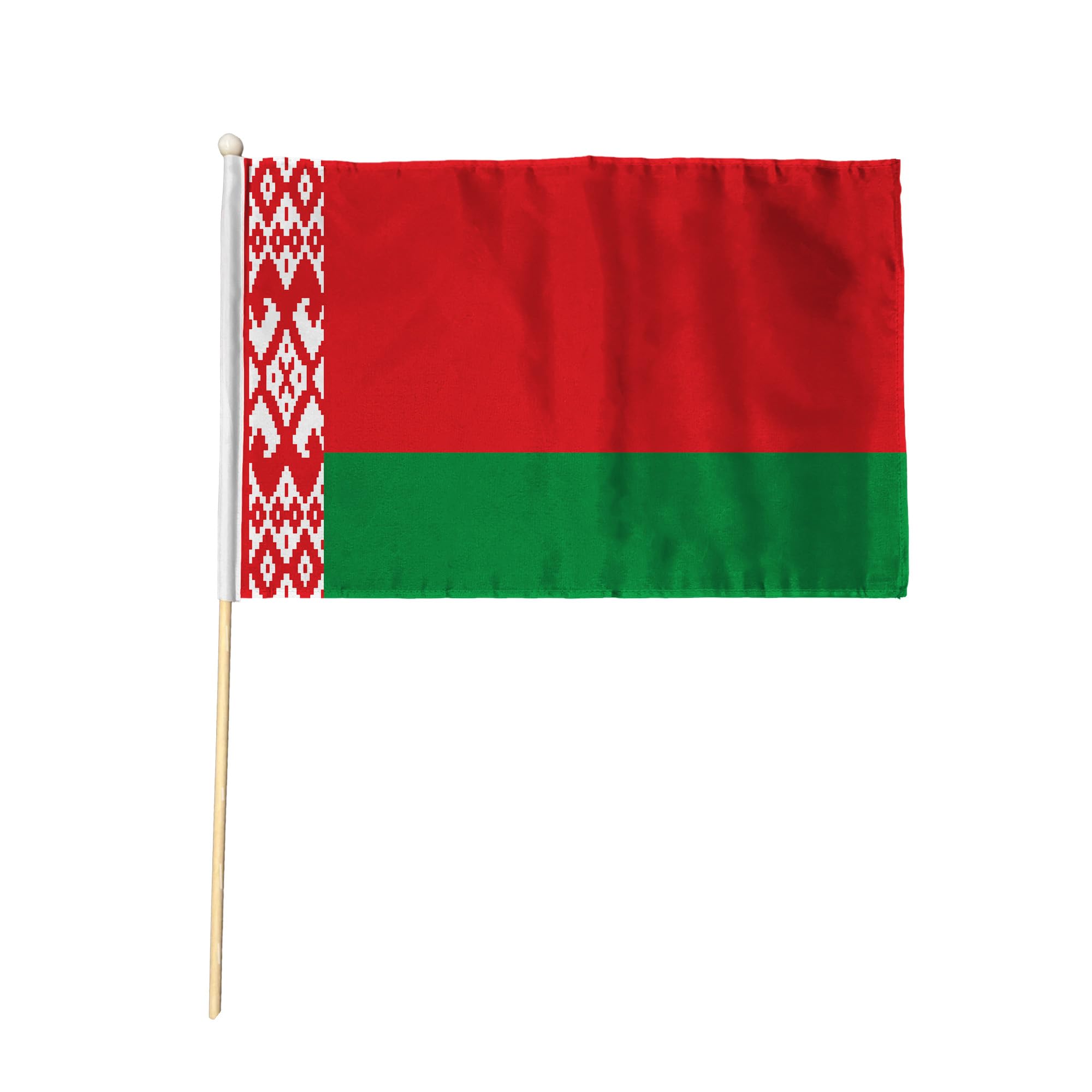 Flagtex Belarus Pack of 2 Hand Waving Flag (18x12 Inch Large) - Premium Wooden Stick Hand Flag Big Size Natural Wood Pole European Red Green Ornament Pattern Flag Events Parades — image 1
